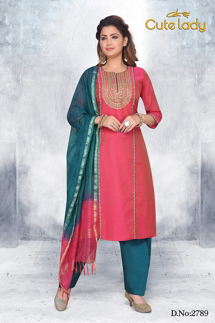 Chanderi Embroidered Suit D.No.2789 (25% DISCOUNT)