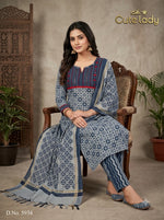 Load image into Gallery viewer, Blue &amp; Off-White Printed Cotton Kurta Set with Striped Trousers &amp; Chanderi Dupatta – D No. 5934
