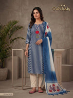 Load image into Gallery viewer, Blue Striped Cotton Kurta Set with Floral Embroidery &amp; Cotton Dupatta – D No. 6035
