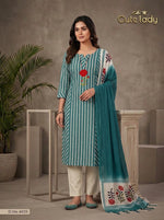 Load image into Gallery viewer, Blue Striped Cotton Kurta Set with Floral Embroidery &amp; Cotton Dupatta – D No. 6035
