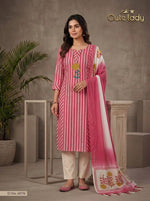 Load image into Gallery viewer, Blue Striped Cotton Kurta Set with Floral Embroidery &amp; Cotton Dupatta – D No. 6035
