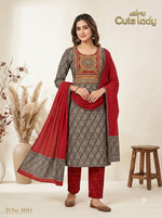 Load image into Gallery viewer, Cotton Kurta Set with Embroidered Yoke, Red Printed Trousers &amp; Chanderi Dupatta – D No. 6041

