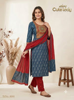 Load image into Gallery viewer, Cotton Kurta Set with Embroidered Yoke, Red Printed Trousers &amp; Chanderi Dupatta – D No. 6041
