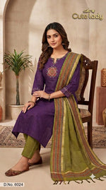 Load image into Gallery viewer, Cotton Kurta Set with Embroidered Medallion, Contras Trousers &amp; Striped Chanderi Dupatta – D No. 6024
