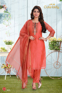 Chanderi Hand Embroidered Suit D.no.3683